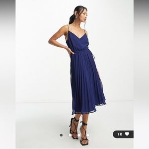 ASOS DESIGN pleated cami midi dress with drawstring waist in navy